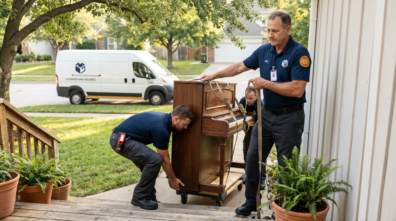Licensed piano movers securing grand piano in Ukiah, CA