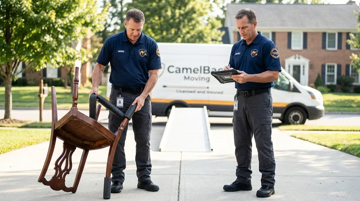Movers inspecting furniture for damage prevention before loading in Ukiah, CA