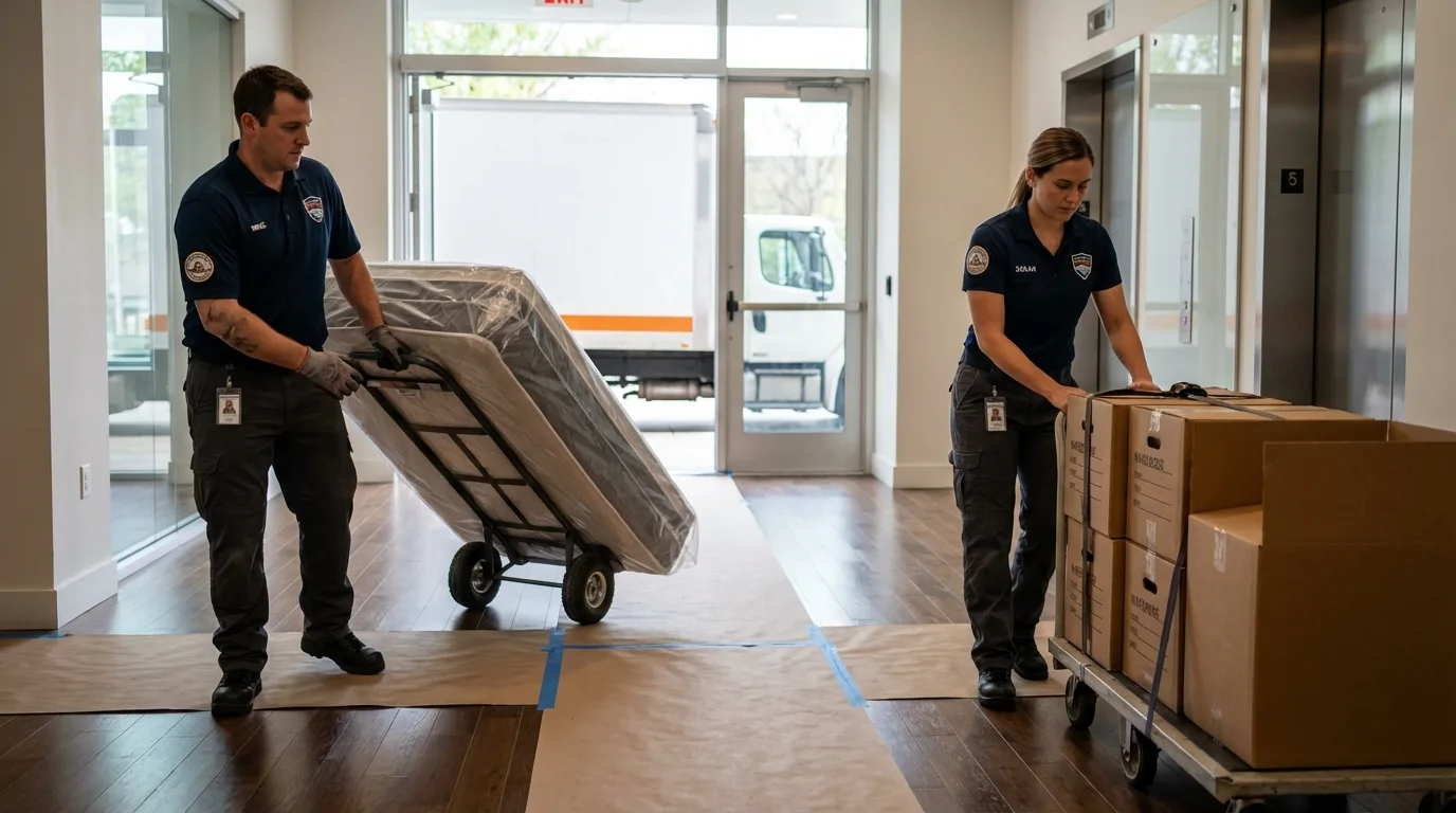 Professional apartment movers loading elevator in Ukiah, CA